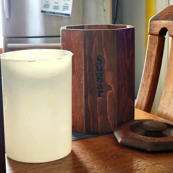 Vtg MCM Wooden Kitchen 1 of 4 Canister Kitchen Food Storage Teak Octagon - Picture 1 of 4